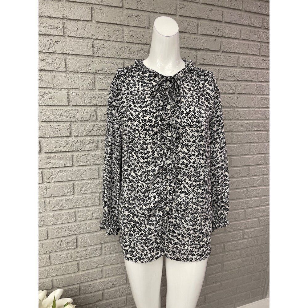 Max Studio Women Long Sleeve Black & White Floral Print Ruffle Blouse Size L